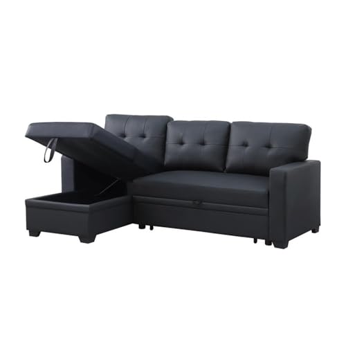 Pemberly Row Faux Leather Reversible Sleeper Sectional Sofa in Black