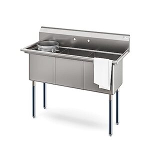 koolmore 51 in. three compartment 18-gauge stainless-steel nsf commercial kitchen sink, bowl size 15x15x14, with three basins and pre-drilled faucet holes for restaurants and cafes (km-sc151514-n3)