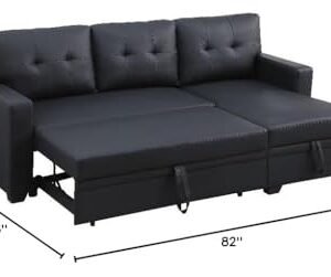 Pemberly Row Faux Leather Reversible Sleeper Sectional Sofa in Black