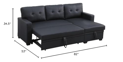 Pemberly Row Faux Leather Reversible Sleeper Sectional Sofa in Black