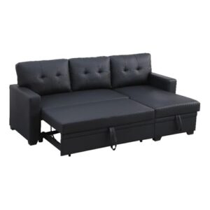 pemberly row faux leather reversible sleeper sectional sofa in black