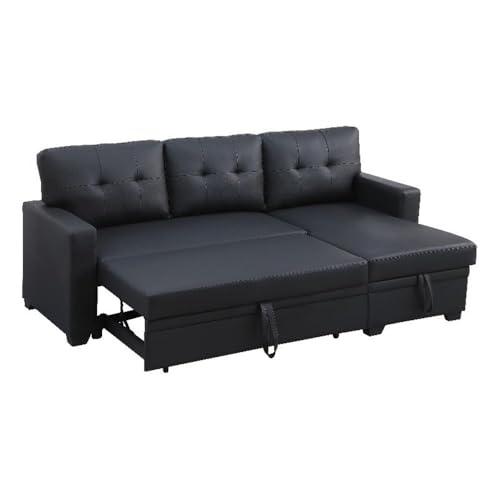 Pemberly Row Faux Leather Reversible Sleeper Sectional Sofa in Black