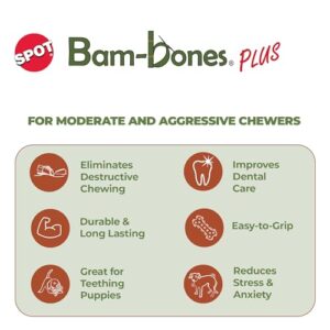 SPOT Bam-Bones Plus Triple Chew - Bamboo Fiber & Nylon, Durable Long Lasting Dog Toy for Aggressive Chewers – Great for Adult Dogs & Teething Puppies Under 90lbs, Non-Splintering, 7in, Bison Flavor