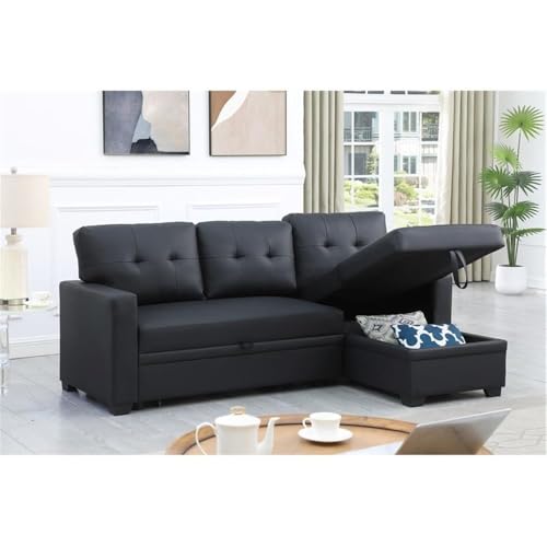 Pemberly Row Faux Leather Reversible Sleeper Sectional Sofa in Black