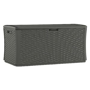 suncast bmdb13400st 134-gallon extra large all-weather uv-resistant wicker pattern deck box with lockable lid for garden, garage, or patio, stoney