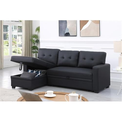 Pemberly Row Faux Leather Reversible Sleeper Sectional Sofa in Black