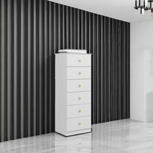 Modern 6 Drawer Vertical Dresser, Wood Tall Chest of Drawers N Arrow Storage Organizer with Wide Drawers & Metal Gold Handles for Bedroom, Living Room, Office, Hallway, Entryway (White)