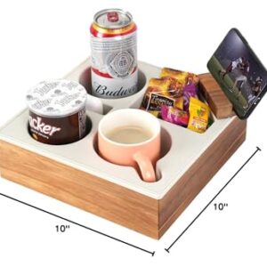 Couch Cup Holder Tray, Hitseon Handy Soft Silicone Acacia Wooden Couch Caddy for Bed Car Seat Beach Organizer, Waterproof Anti-Spill Sofa Cup Holder for Snacks Beverage Remote (White)