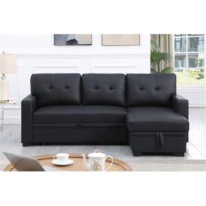 Pemberly Row Faux Leather Reversible Sleeper Sectional Sofa in Black