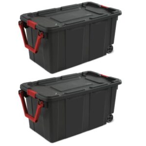 Set of 2 Black 40 Gallon Industrial Tote Plastic Bins with Wheels - Convenient Storage Solution