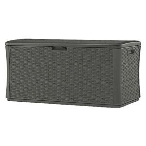 Suncast BMDB13400ST 134-Gallon Extra Large All-Weather UV-Resistant Wicker Pattern Deck Box with Lockable Lid for Garden, Garage, or Patio, Stoney