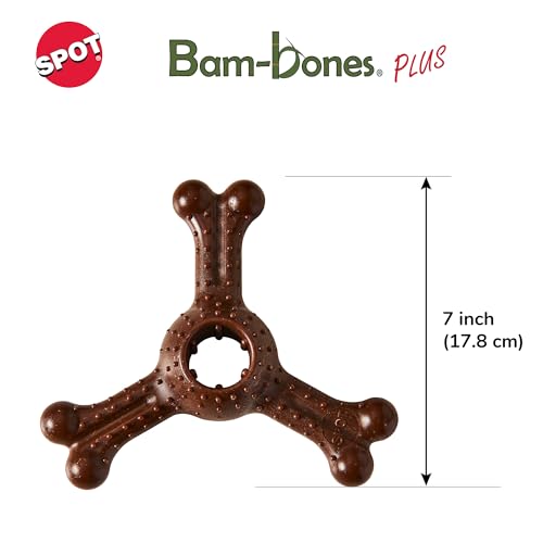 SPOT Bam-Bones Plus Triple Chew - Bamboo Fiber & Nylon, Durable Long Lasting Dog Toy for Aggressive Chewers – Great for Adult Dogs & Teething Puppies Under 90lbs, Non-Splintering, 7in, Bison Flavor