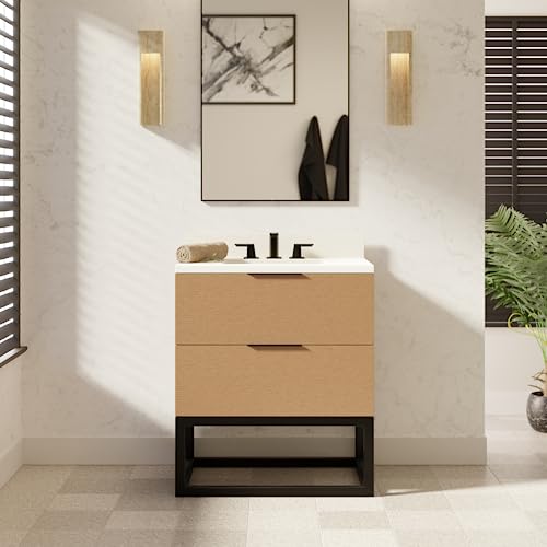 Kitchen Bath Collection Mia 30-inch Bathroom Vanity: Includes Blonde Wood Cabinet with Matte White Countertop and White Ceramic Sink