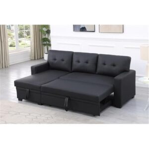 Pemberly Row Faux Leather Reversible Sleeper Sectional Sofa in Black