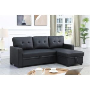 Pemberly Row Faux Leather Reversible Sleeper Sectional Sofa in Black