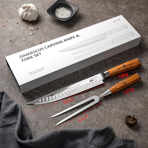 FUJUNI Carving Knife and Fork Set for Meat Turkey - Set of 2 with 9 inch Damascus Slicing Carving Knife and 6 inch Fork - Damascus VG10 Steel 67-Layer - Natural Olive Wood Handle- Exquisite Box