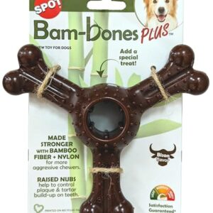 SPOT Bam-Bones Plus Triple Chew - Bamboo Fiber & Nylon, Durable Long Lasting Dog Toy for Aggressive Chewers – Great for Adult Dogs & Teething Puppies Under 90lbs, Non-Splintering, 7in, Bison Flavor