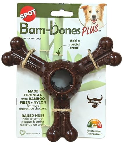 SPOT Bam-Bones Plus Triple Chew - Bamboo Fiber & Nylon, Durable Long Lasting Dog Toy for Aggressive Chewers – Great for Adult Dogs & Teething Puppies Under 90lbs, Non-Splintering, 7in, Bison Flavor