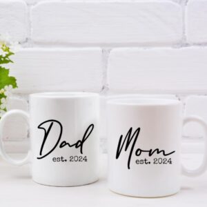 Pregnancy Gift Est 2024 -New Parents Gifts- Mom and Daddy Est 2024 11 oz Mug Set - Onesie (0-3M)- Mom and Dad Gift Set for Expecting Parents (Feather Bib 24)