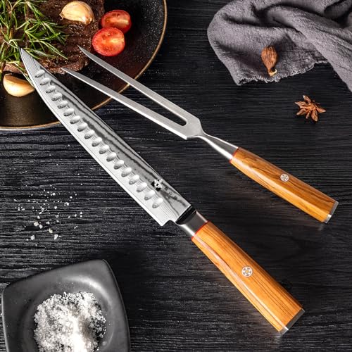 FUJUNI Carving Knife and Fork Set for Meat Turkey - Set of 2 with 9 inch Damascus Slicing Carving Knife and 6 inch Fork - Damascus VG10 Steel 67-Layer - Natural Olive Wood Handle- Exquisite Box