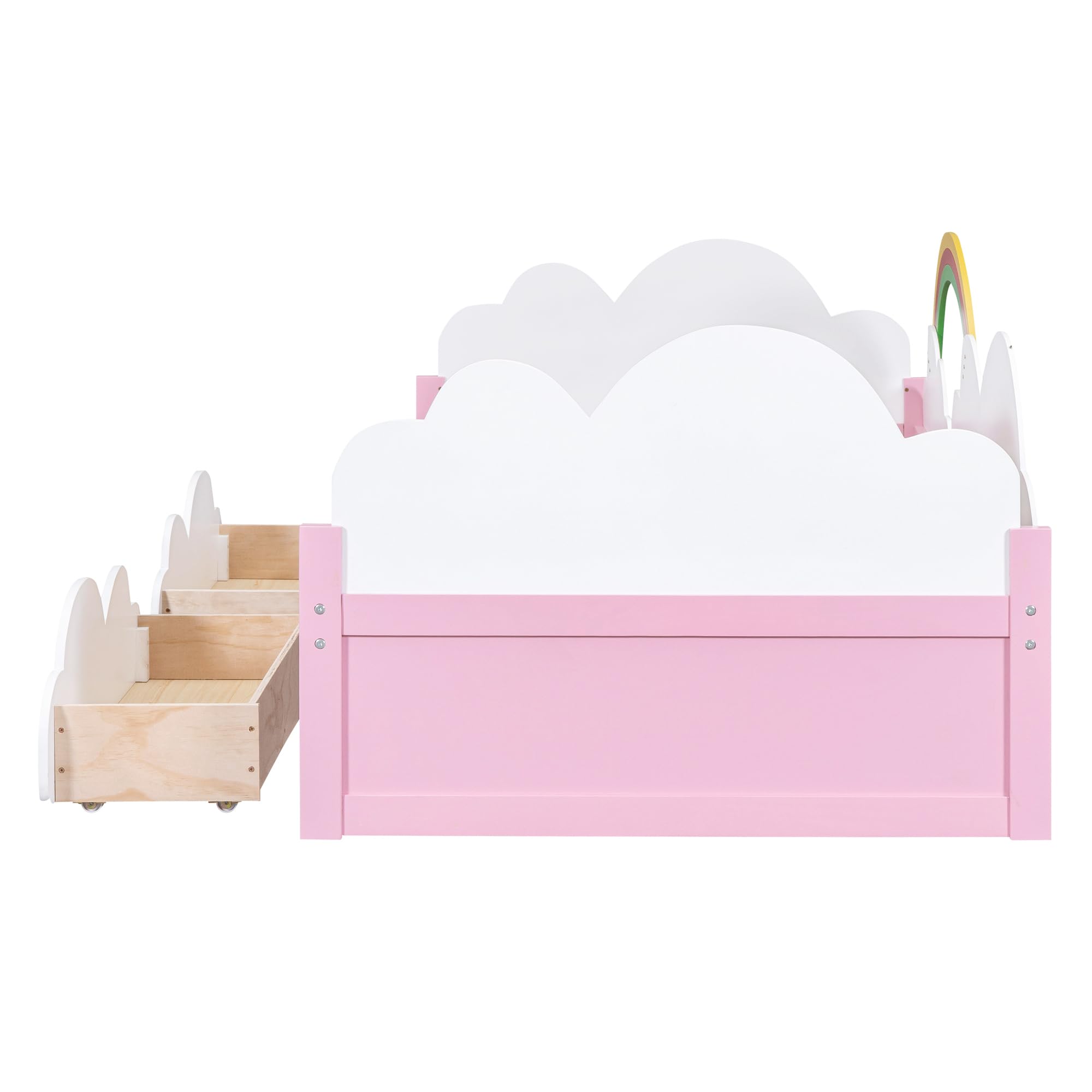 Harper & Bright Designs Twin Size Daybed with 2 Storage Drawers, Wood Kids Twin Bed Frame with Clouds and Rainbow Decor, Twin Storage Bed Frame for Kids Girls Boys, No Spring Box Required, White+Pink