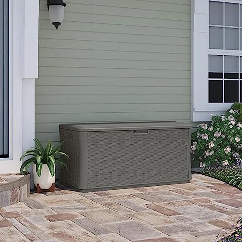 Suncast BMDB13400ST 134-Gallon Extra Large All-Weather UV-Resistant Wicker Pattern Deck Box with Lockable Lid for Garden, Garage, or Patio, Stoney