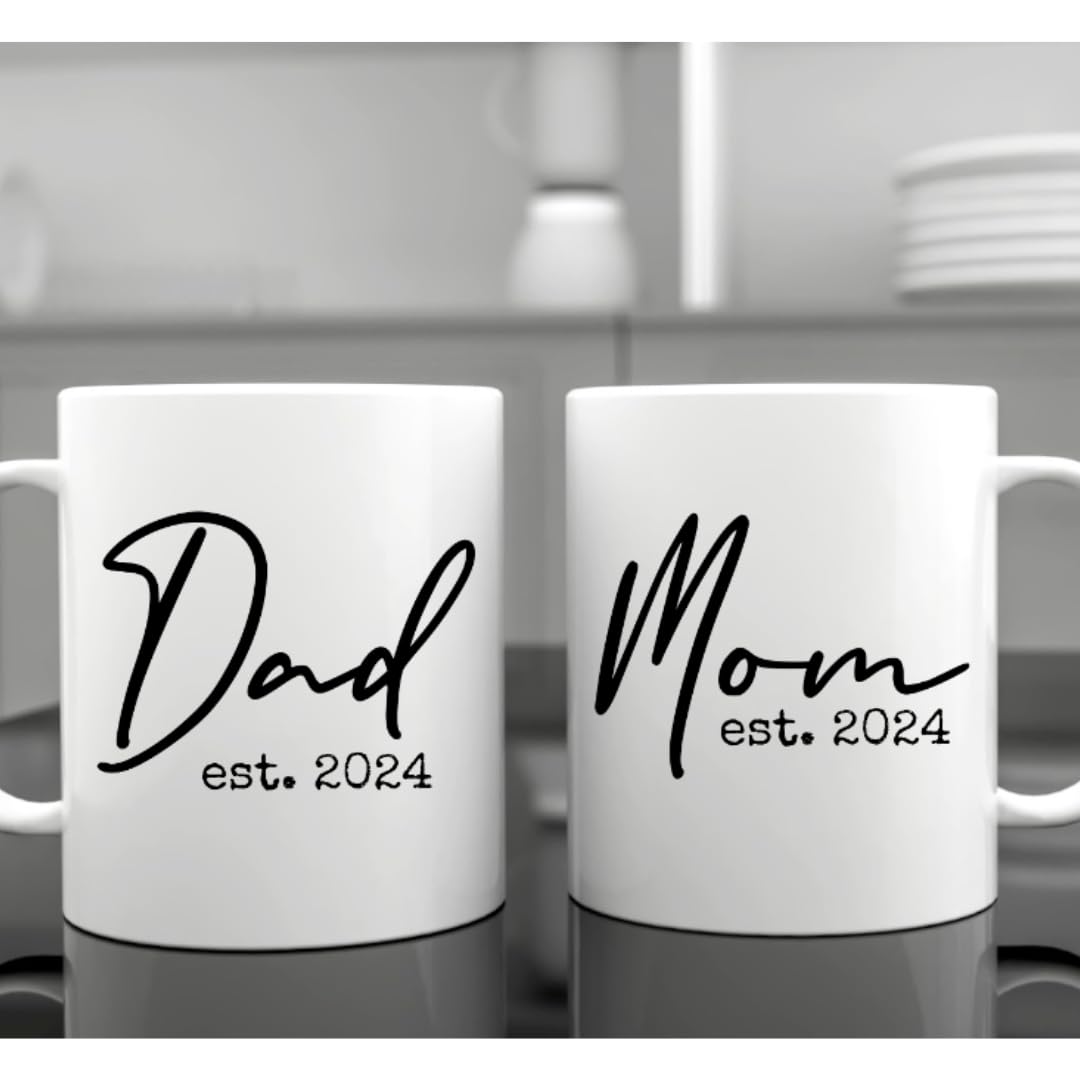 Pregnancy Gift Est 2024 -New Parents Gifts- Mom and Daddy Est 2024 11 oz Mug Set - Onesie (0-3M)- Mom and Dad Gift Set for Expecting Parents (Feather Bib 24)