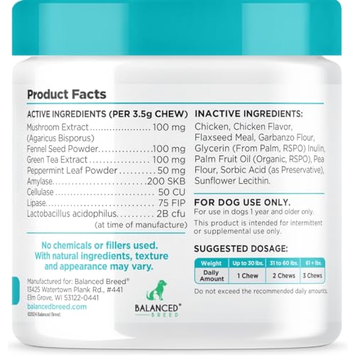 Balanced Breed Dog Probiotics Digestive Gut Health Chew Made in USA Non-GMO Vet-Phamacist Approved Fortiflora Probiotics Dogs Anti Yeast Supplements Constipation Relief Dog Yeast Itchy Skin Itchy Ears