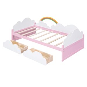 Harper & Bright Designs Twin Size Daybed with 2 Storage Drawers, Wood Kids Twin Bed Frame with Clouds and Rainbow Decor, Twin Storage Bed Frame for Kids Girls Boys, No Spring Box Required, White+Pink