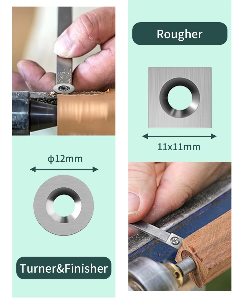 TBPA 24 Pieces Tungsten Carbide Cutters Inserts Set for Wood Lathe Turning Tools Included 11mm Square with Radius,12mm and 8.9mm Round, 30x10mm Sharp Point Diamond,12 Pieces screws