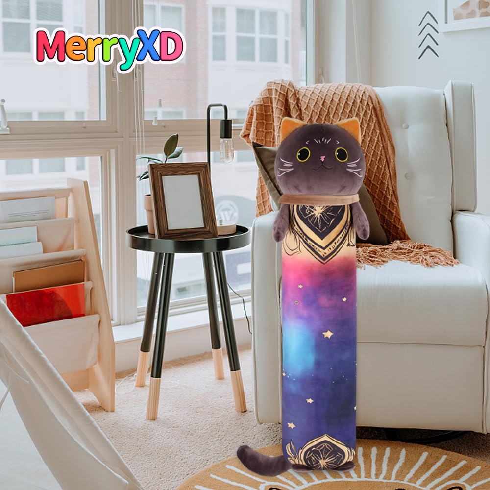 MerryXD Kawaii Long Cat Plush Body Pillow, 28”Soft Cute Black Stuffed Animals Plushies, Kids Big Doll Toys, Ideal Gifts for Cuddles,Girls,Girlfriend,Boys,Birthday,Christmas,Halloween,Valentine's Day