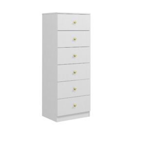 modern 6 drawer vertical dresser, wood tall chest of drawers n arrow storage organizer with wide drawers & metal gold handles for bedroom, living room, office, hallway, entryway (white)