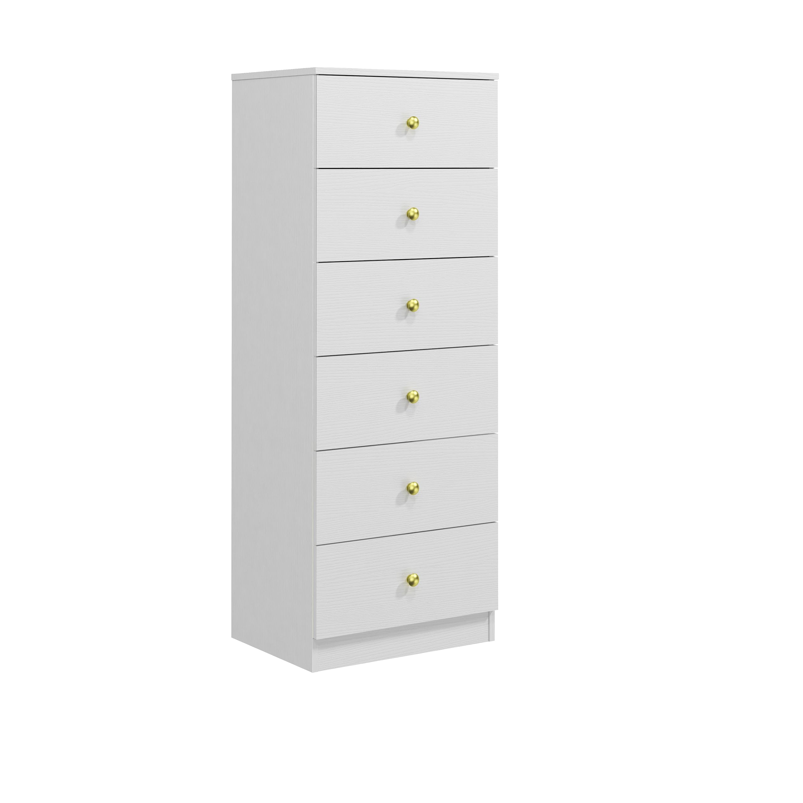 Modern 6 Drawer Vertical Dresser, Wood Tall Chest of Drawers N Arrow Storage Organizer with Wide Drawers & Metal Gold Handles for Bedroom, Living Room, Office, Hallway, Entryway (White)