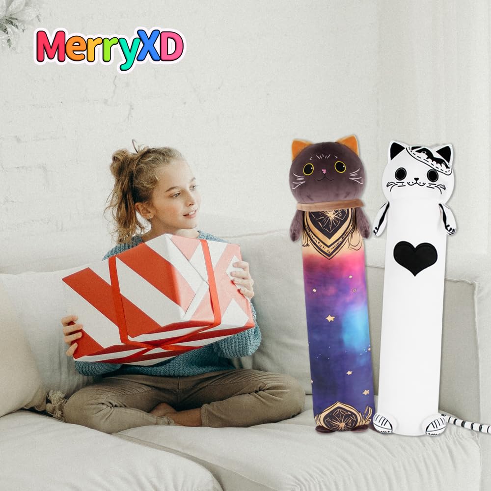 MerryXD Kawaii Long Cat Plush Body Pillow, 28”Soft Cute Black Stuffed Animals Plushies, Kids Big Doll Toys, Ideal Gifts for Cuddles,Girls,Girlfriend,Boys,Birthday,Christmas,Halloween,Valentine's Day