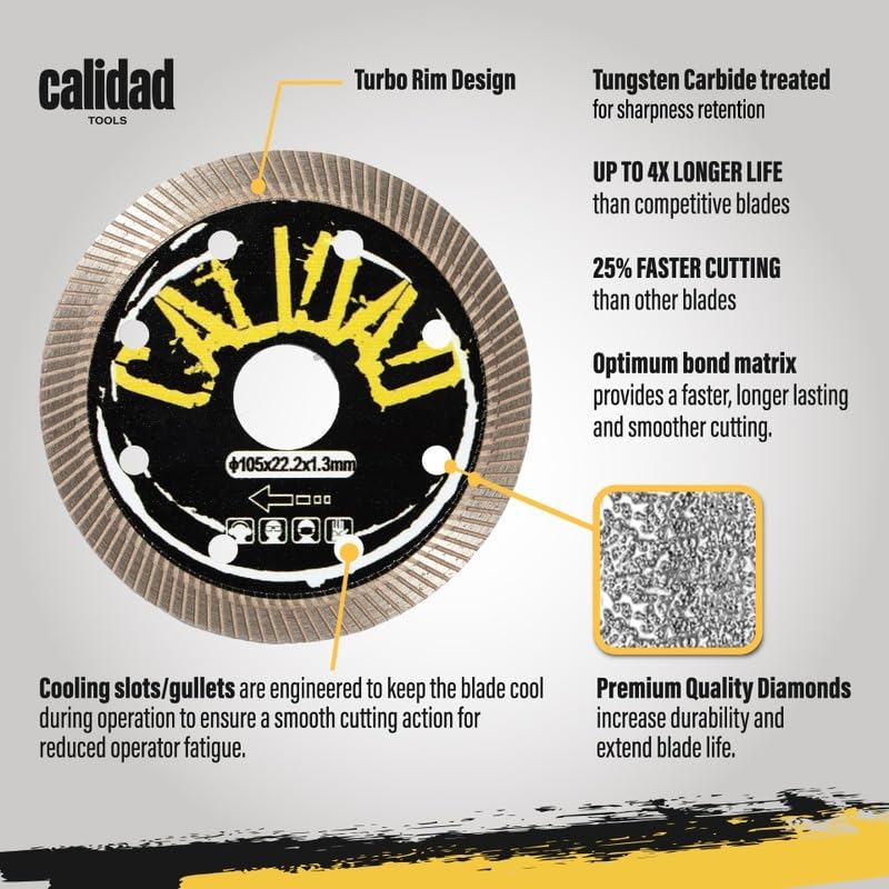 Calidad Turbo Diamond Saw Blades, 4 inch Ultra-Thin Angle Grinder Blade - Chip-Free Cutting for Porcelain & Ceramics - Angle Grinder Discs - Suitable for Dry and Wet Cutting - Pack of 5