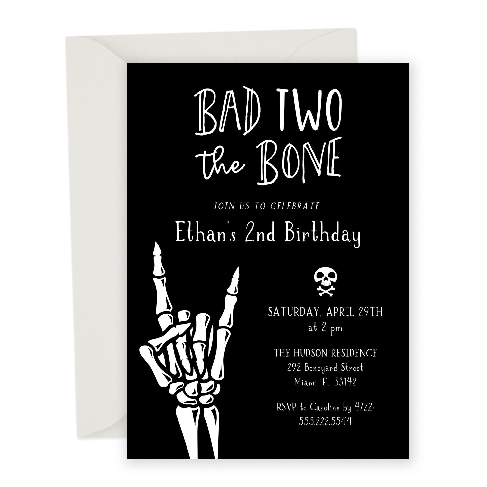 Hello Love Goods Bad Two The Bone Birthday Party Invitations for 2nd Birthday Party, 4.25x5.5 or 5x7 Personalized Invites with Envelopes