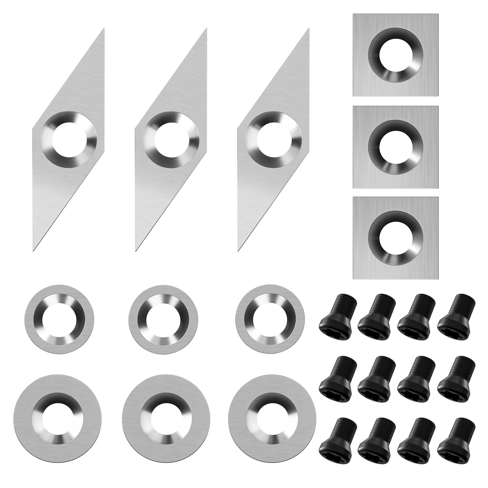 TBPA 24 Pieces Tungsten Carbide Cutters Inserts Set for Wood Lathe Turning Tools Included 11mm Square with Radius,12mm and 8.9mm Round, 30x10mm Sharp Point Diamond,12 Pieces screws