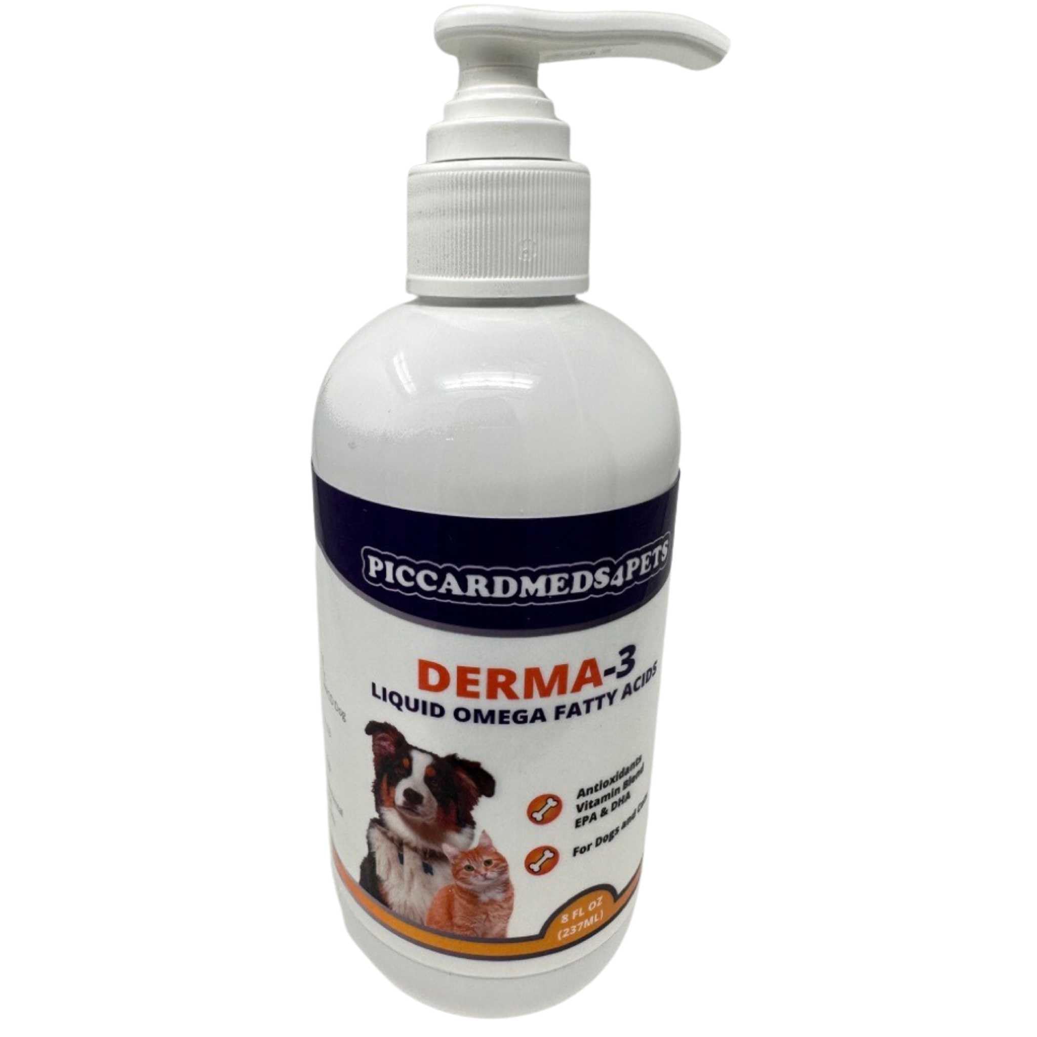 Piccardmeds4pets Derma-3 Liquid Omega-3 Fatty Acids with Pump, Contains Fish Oil and Antioxidant Vitamin, Support Healthy Skin and Coat for Dogs/Cats, 8 oz.