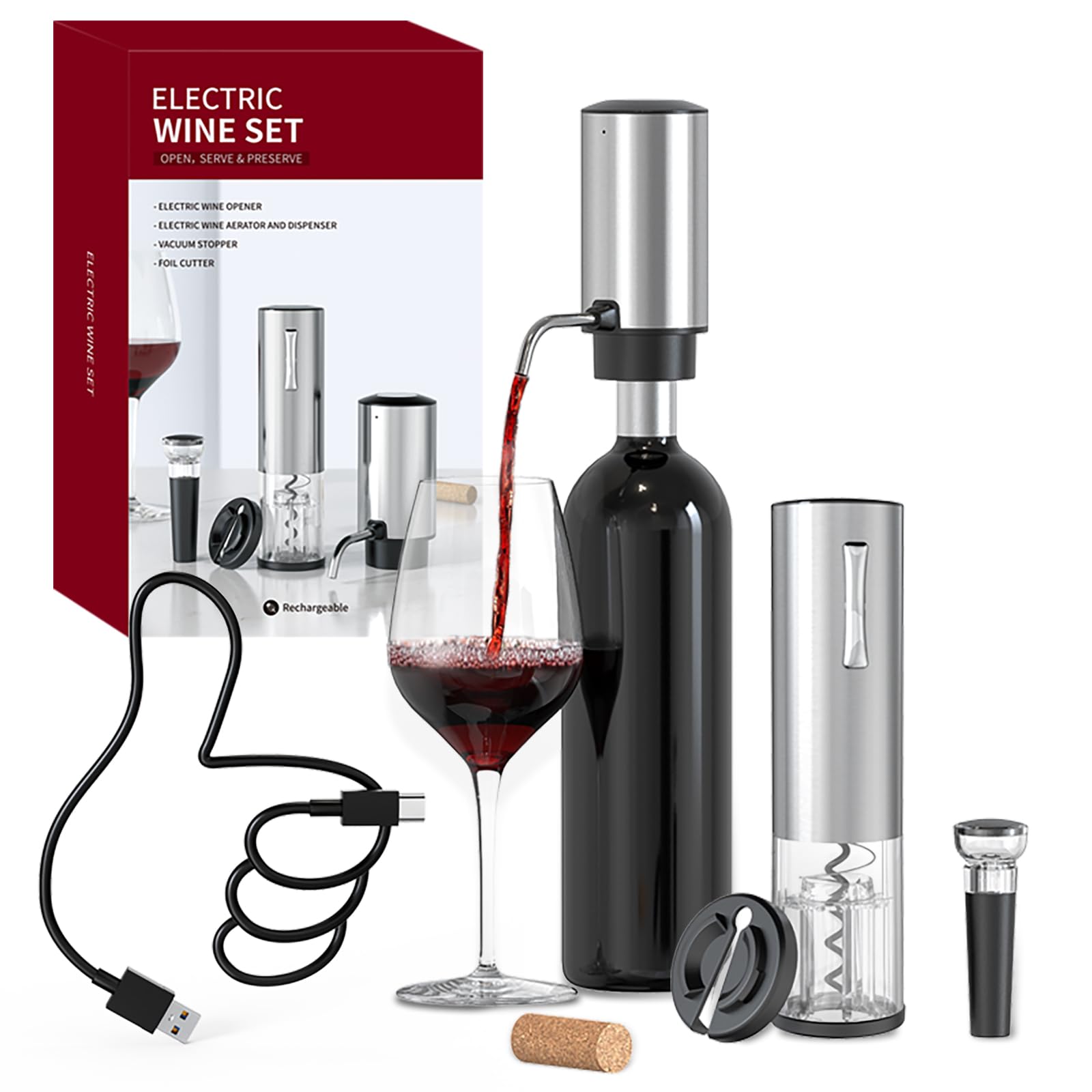 CIRCLE JOY Electric Wine Opener Set 4-in-1 Wine Set with Rechargeable Wine Opener, Rechargeable Wine Aerator Pourer, Foil Cutter and Vacuum Wine Stopper, Gift Set for Wine Lovers, Silver