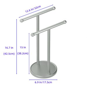 Qflushor 2-Tier Hand Towel Holder Stand with Weighted Base, 16.7" Countertop Towel Holder for Bathroom, Standing Towel Rack Stainless Steel, Double Fingertip Towel Holders, Silver