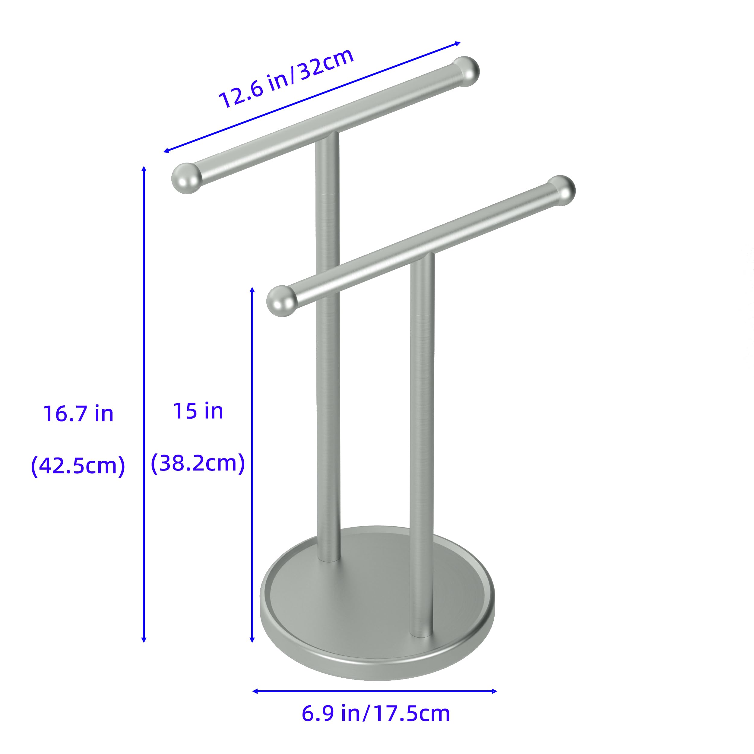 Qflushor 2-Tier Hand Towel Holder Stand with Weighted Base, 16.7" Countertop Towel Holder for Bathroom, Standing Towel Rack Stainless Steel, Double Fingertip Towel Holders, Silver