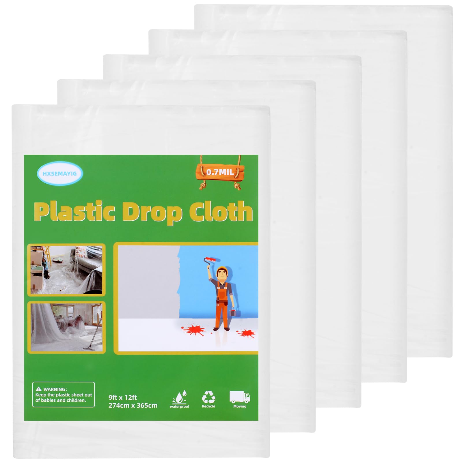 5PCS Painters Plastic Drop Cloth, 9x12 Feet Feet Plastic Painting Tarp Waterproof Plastic Cover Clear Tarp Plastic Sheeting for Painting for Couch Cover and Furniture Cover