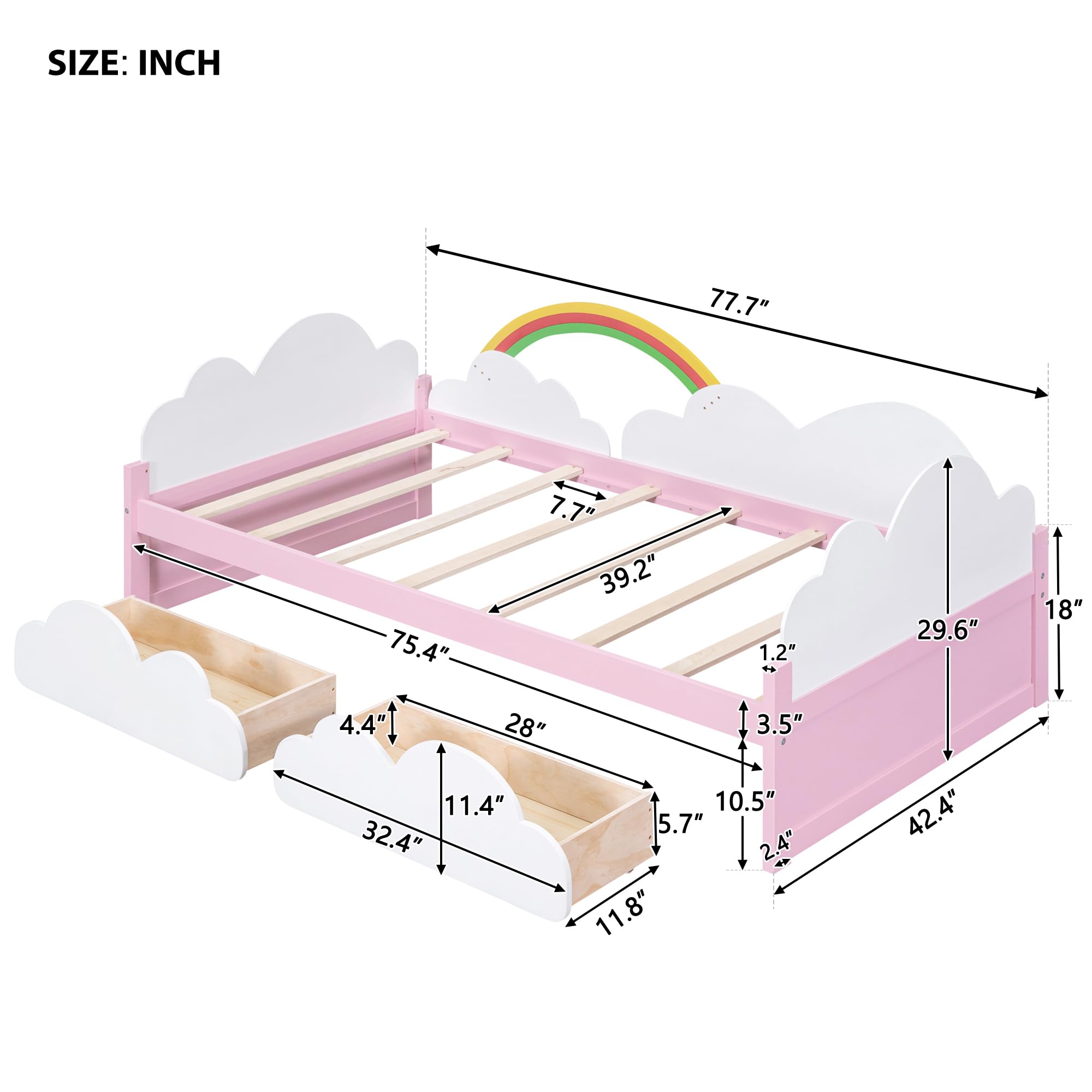 Harper & Bright Designs Twin Size Daybed with 2 Storage Drawers, Wood Kids Twin Bed Frame with Clouds and Rainbow Decor, Twin Storage Bed Frame for Kids Girls Boys, No Spring Box Required, White+Pink