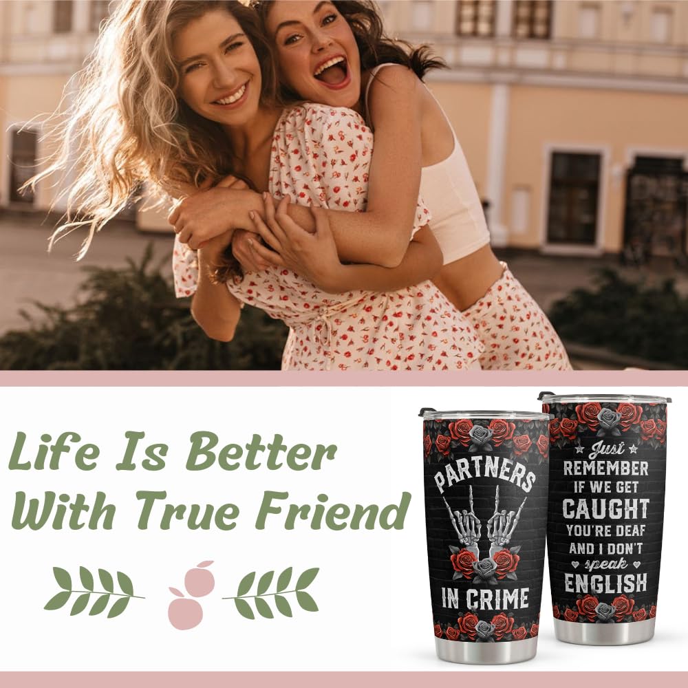 Macorner Best Friend Birthday Gifts Partner in Crime - Tumbler 20oz - Friendship Gifts for Women Friend, Men, Work Bestie, Soul Sister, BFF, Coworker - Funny Christmas Gift for Female Friend, Bestie