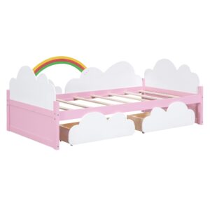 Harper & Bright Designs Twin Size Daybed with 2 Storage Drawers, Wood Kids Twin Bed Frame with Clouds and Rainbow Decor, Twin Storage Bed Frame for Kids Girls Boys, No Spring Box Required, White+Pink