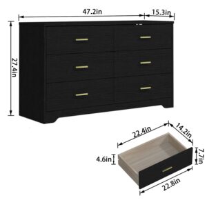 Modern 6 Drawer Wood Dresser, Wood Lateral Chest of Drawers Storage Organizer with Wide Drawers & Metal Gold Handles for Bedroom, Living Room, Hallway, Entryway