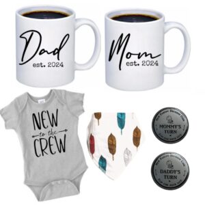 pregnancy gift est 2024 -new parents gifts- mom and daddy est 2024 11 oz mug set - onesie (0-3m)- mom and dad gift set for expecting parents (feather bib 24)