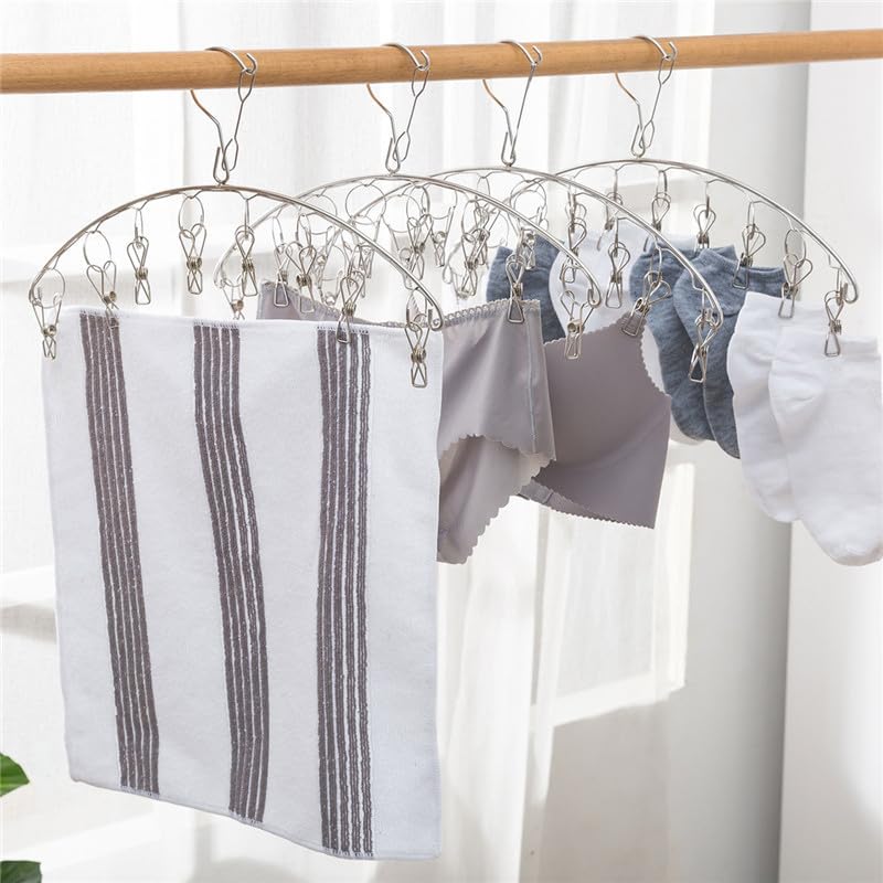 Skroad Stainless Steel Laundry Drying Rack Clothes Hanger with Windproof Hook,Underwear Hanger,Clothes Hangers with 8 Clips for Drying Socks,Diapers,Baby Clothes(2 Pack)