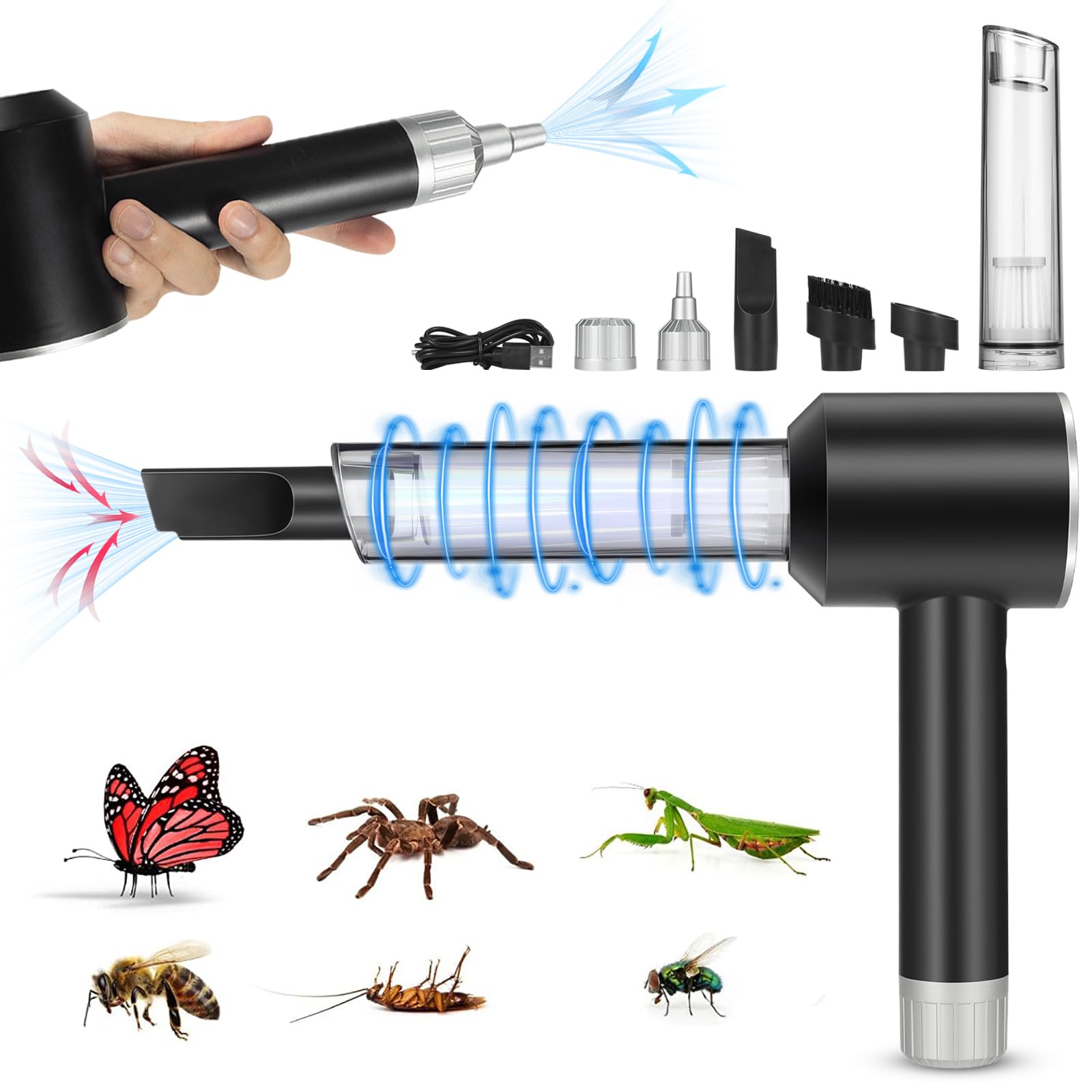 Jahy2Tech Bug Vacuum Catcher,Spider and Inspect Catcher Traps,Rechargeable with Brush Head & Charging Line Multifunctional Suction Nozzle for Stink Bug,Moth,Cockroach,Spider,Ant,Black (DB0196US_LXM)