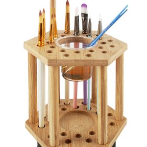 LITAITAI Rotating Paint Brush Holder 25 Holes Bamboo Display Drying Stand Artist Paint Brush Organizer Watercolor Brush Stand Rack Paint Brush Storage Art Supply Organizer(1pcs)